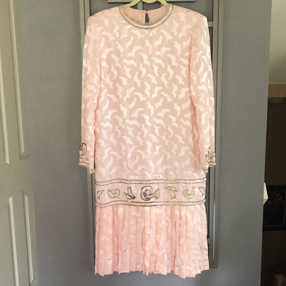 VINTAGE Deadstock Loehmann’s back room Pink silk beaded dress L - Picture 1 of 16